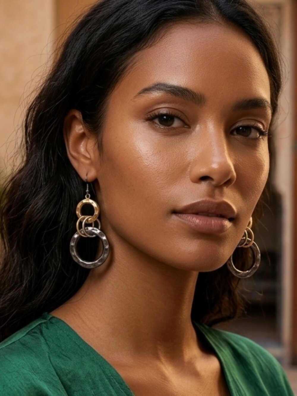 Two-Tone Metallic Ring Drop Earrings - Picture 5 of 5